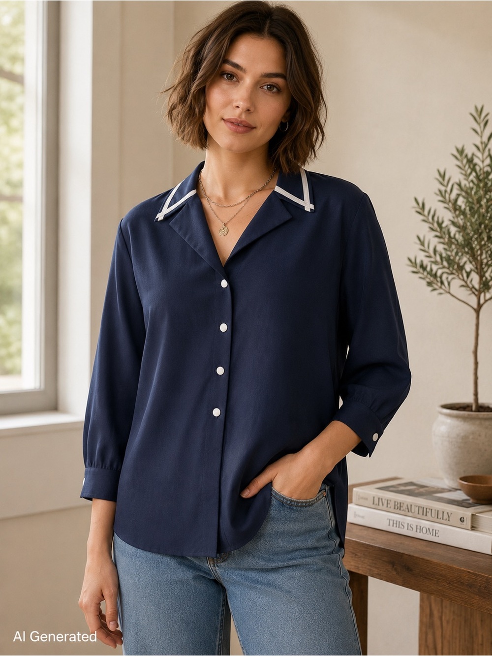 VTG 90s Preppy Notations Navy Button‑Front Collar Blouse with Contrast Trim L